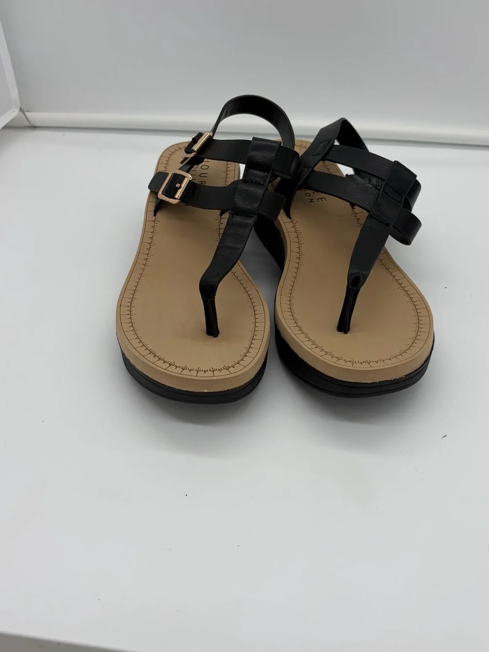 Women's Black T-Strap Sandals with Gold Buckles